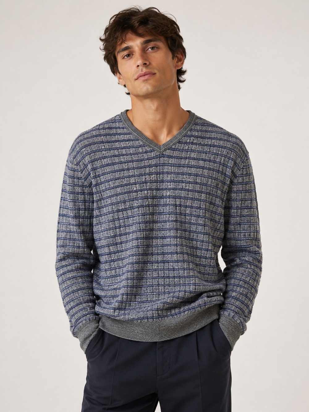 Hickey Freeman Blue and Gray Striped V-Neck‎ Sweater